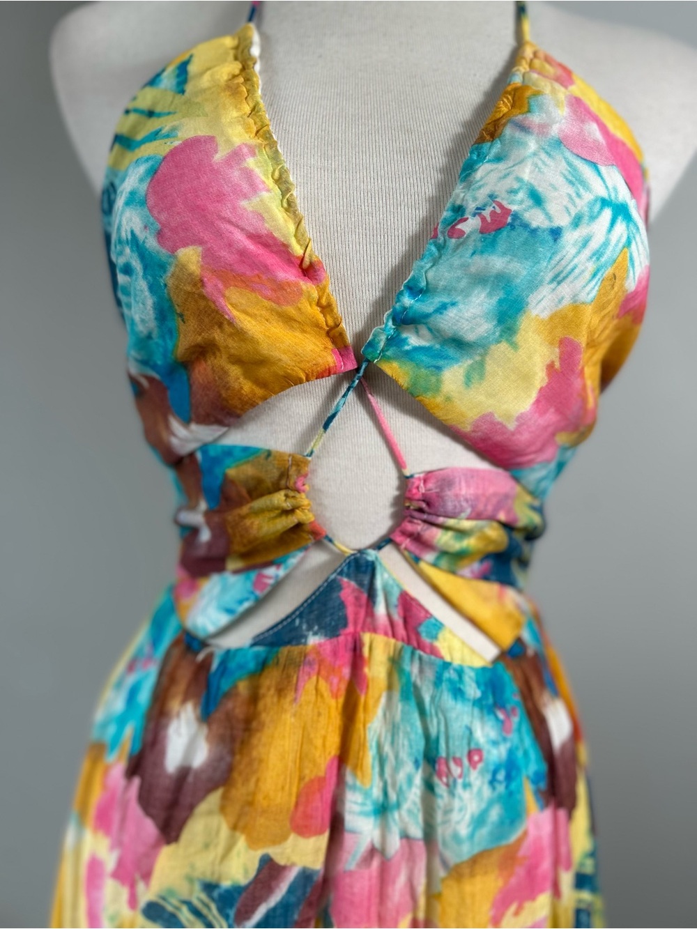 Lulus Floral Halter Maxi Dress Size M Multi-Color Cut-Out Backless Boho Summer - Picture 2 of 7
